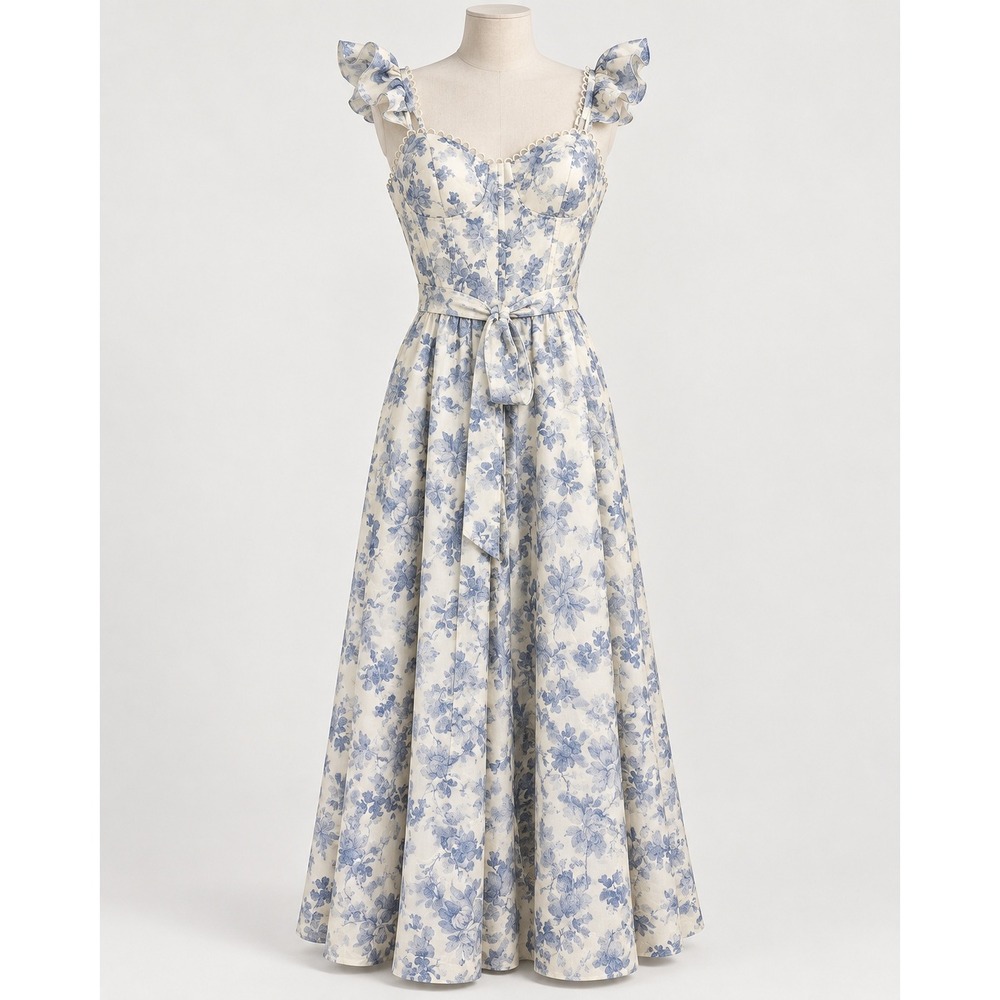 Mable Blue Floral Bustier Maxi Dress Ruffle Strap Smocked Back Pockets Large